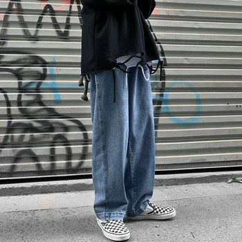 

Men's Baggy Homme Casual Pants Cargo Pocket Wash Jeans Loose Fashion Trend Blue/black Wide Leg Pants Biker Denim Trousers M-2XL