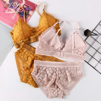 

2020 Sexy Bralette Women Padded Wire-free Hollow Briefs Female Intimates Bras Panties Set Fashion Underwear Seamless Lingerie