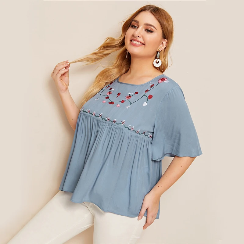 Dotfashion/женская блузка с вышивкой спереди, большие размеры,, Осенние повседневные блузки с открытыми плечами, топ с оборками