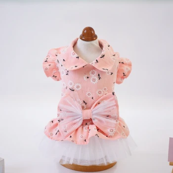 

1-Spring Summer Pet Cotton Clothes For Dog Girls Dress With Bowknot Sunflower Pattern Printed Short Sleeves Dress Skirt