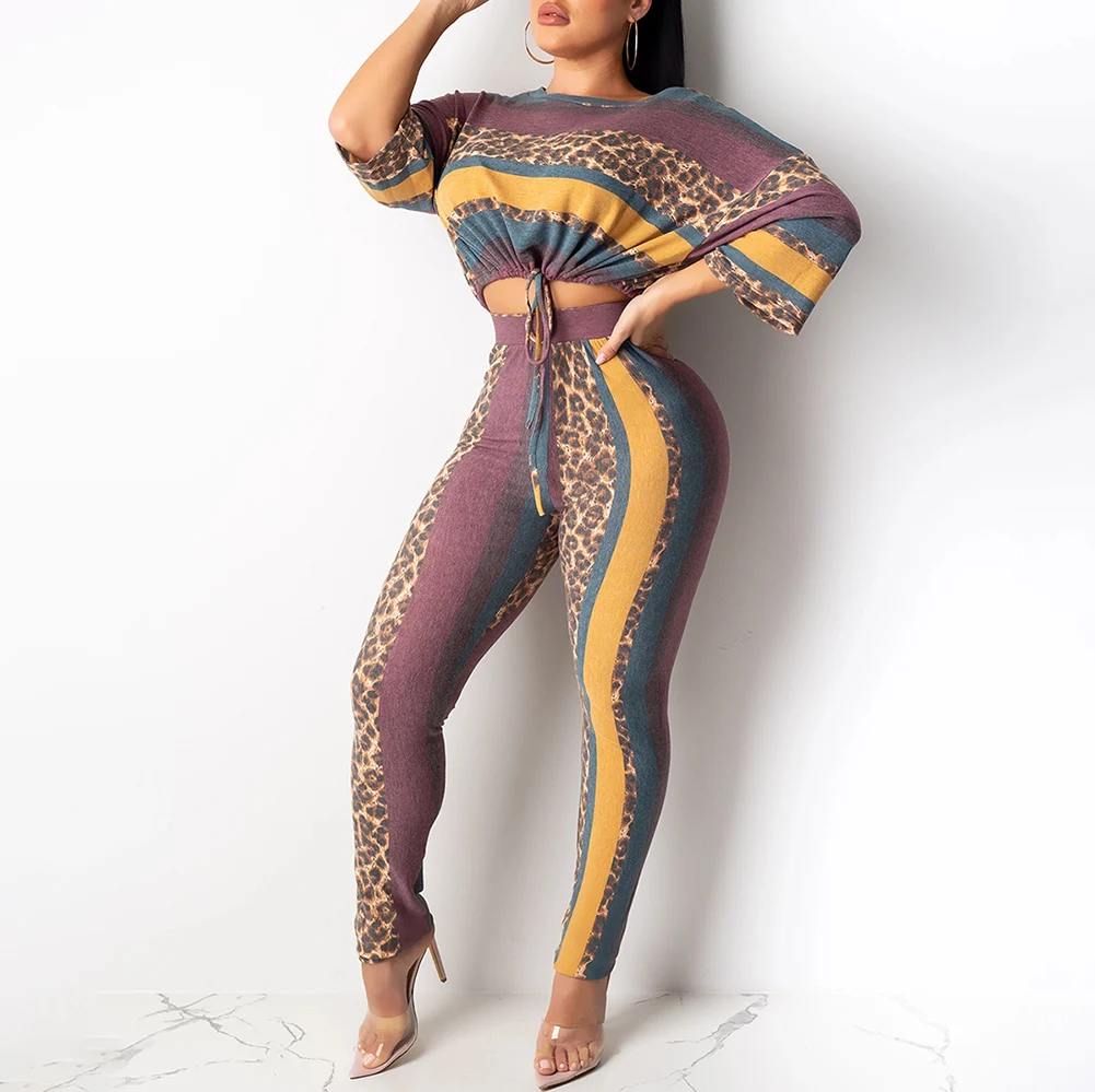 

Fadzeco 2 Piece Outfits Bodycon Jumpsuits Leopard Print Stripe Short Sleeve T Shirt Crop Tops and Skinny Long Pants Set Clubwear