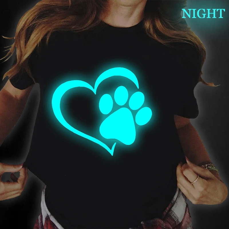 Women Luminous Dog Paw T Shirts Teens Tee Tops 90s Girls Cute Graphic T-shirts Clothes Harajuku Ullzang Female K-pop Tshirt | Женская