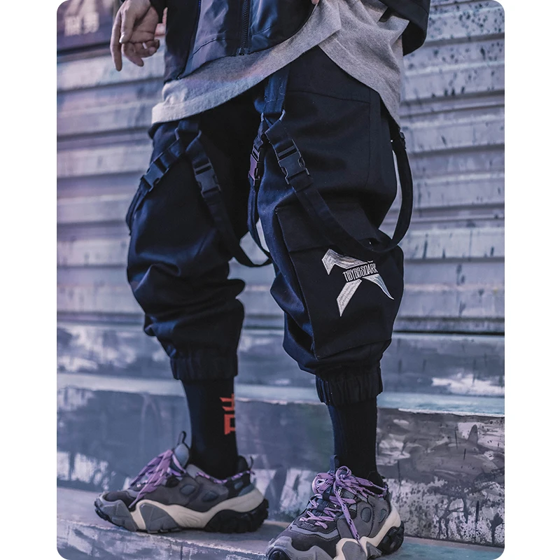 남성용 멀티 워존 기능성 윈드 레그 팬츠, 대형 포켓 캐주얼 리본, 하라주쿠 패션 오버올, 스트리트 드레스