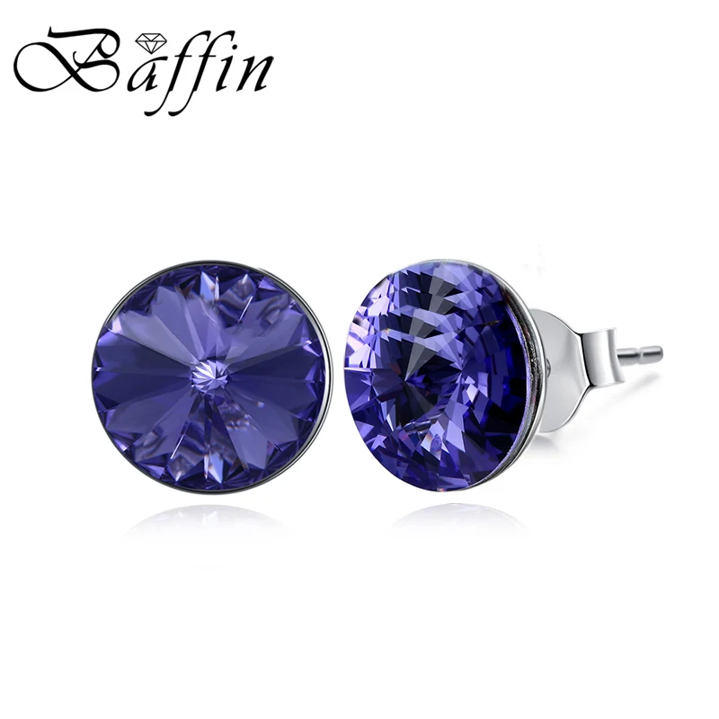 Tanzanite Простые трендовые серьги-гвоздики с круглыми кристаллами Сваровски, серебряные корейские серьги для женщин, вечерние ювелирные изделия для свадьбы - Окраска металла: Tanzanite