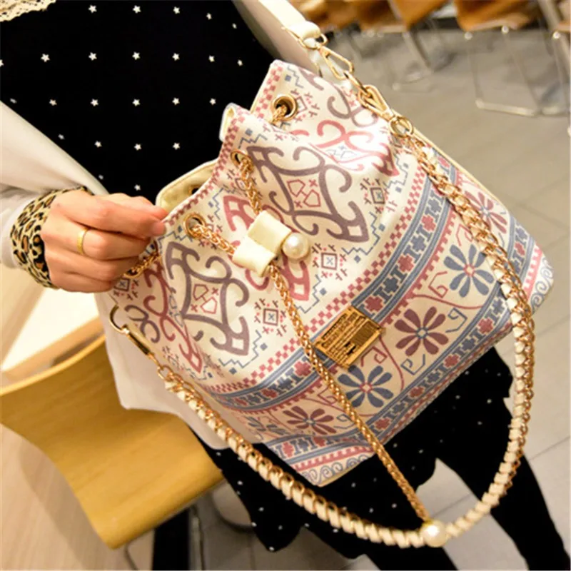 Bag for Women Bohemia Style Canvas Drawstring Bucket Bag Pearl Shoulder Handbag 