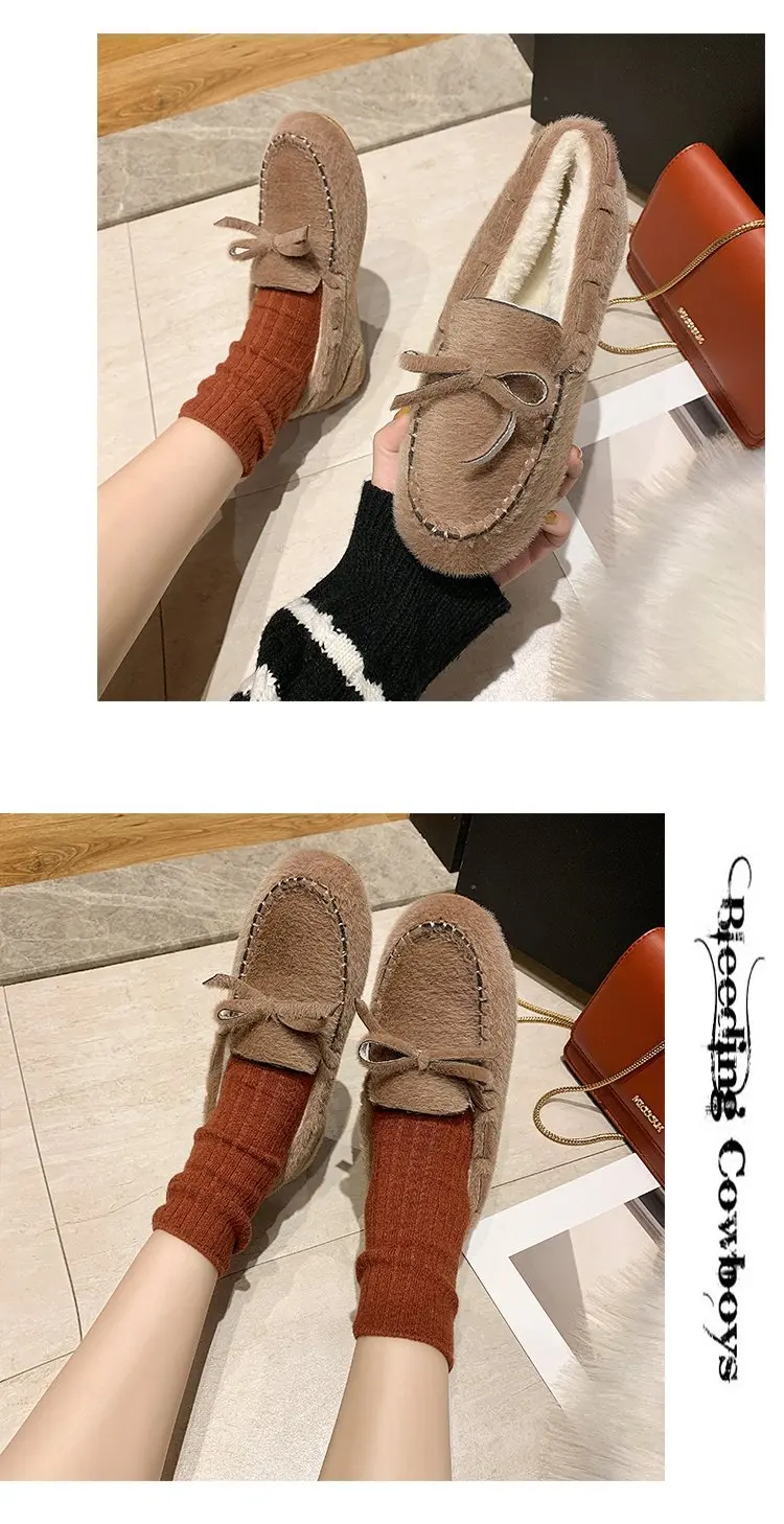 women Korean casual round toe shallow loafers winter warm lace-up bow-tied slip on moccasins brand sewing fur cotton shoes