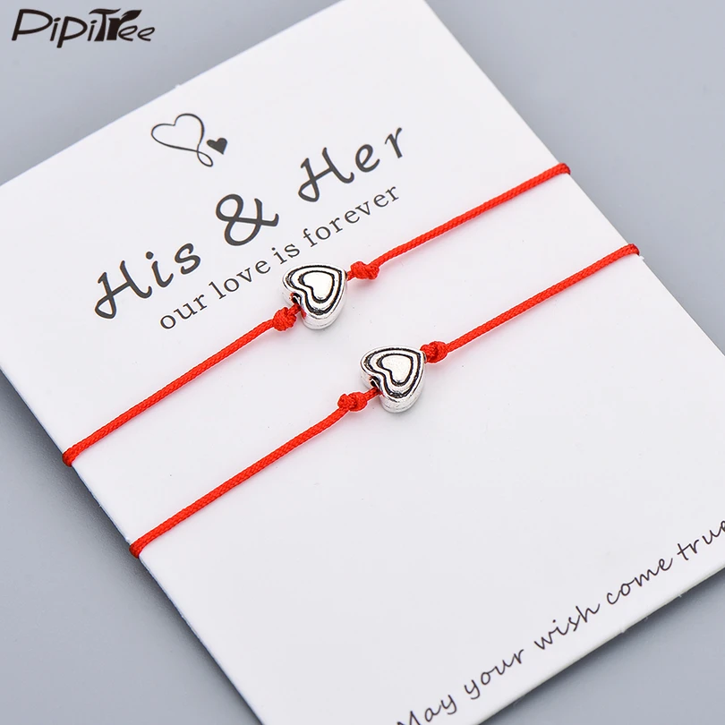

Pipitree 2pcs/set Love Heart Couple Bracelet His Her Lucky Red String Charm Bracelets for Women Men Lover Jewelry Wish Card Gift