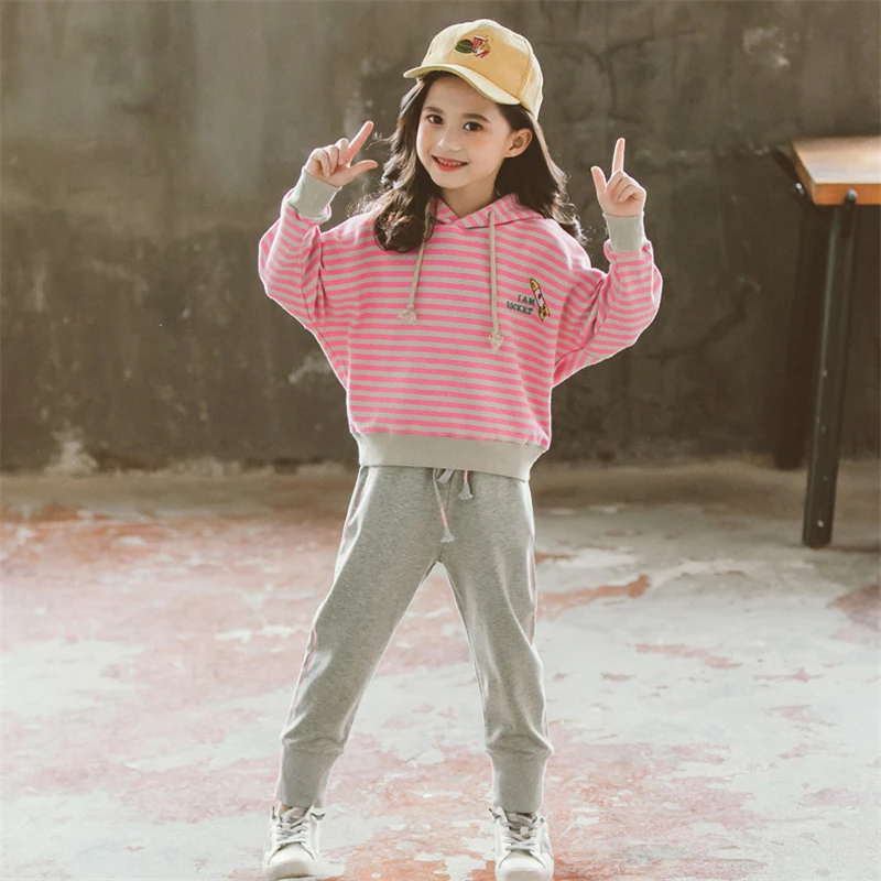 

Big Girl Clothes Set Fashion Fall Toddler Girls Sportwear Tracksuits for Teenager Striped Hooded Sweatshirt+Pant Suit 10 12 Year