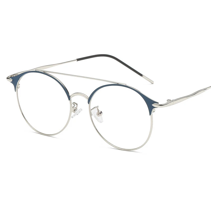 Blue silver Новые синие очки европейский и американский тренд круглые плоские зеркальные Ретро рамка металлические двухлучевые синие очки - Цвет оправы: Blue silver