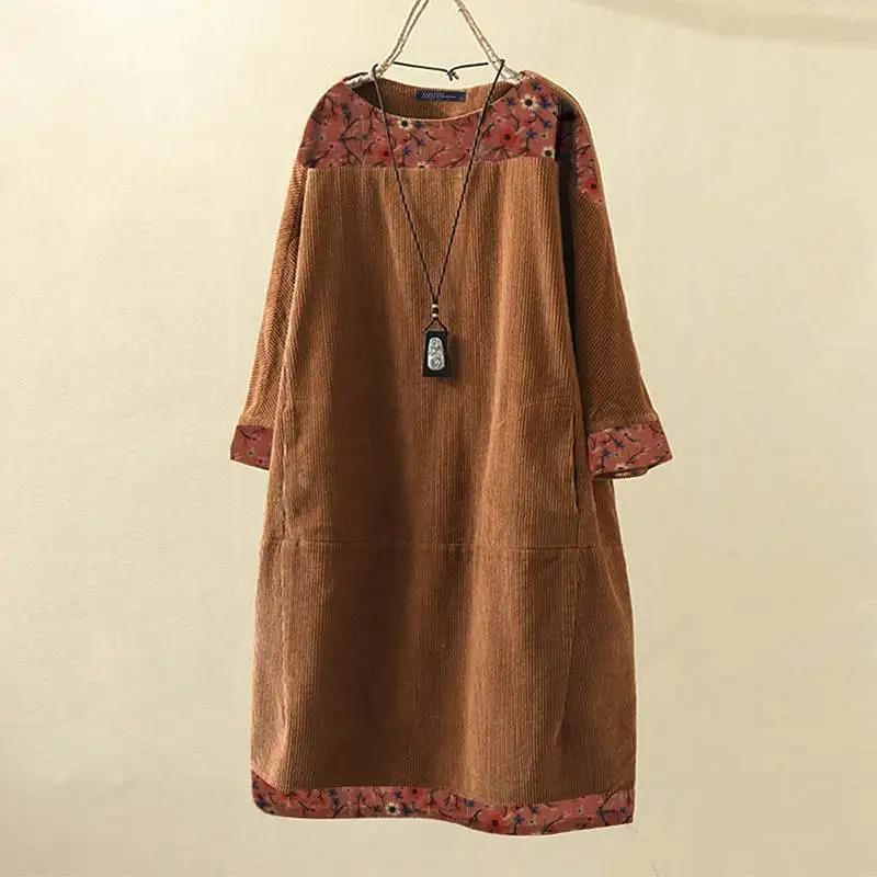 Коричневый Весенний винтажный Повседневный Сарафан, ZANZEA, женское вельветовое платье с длинным рукавом, цветочный принт, пэчворк, свободные, Vestido, длинные топы, Blusas - Цвет: Коричневый