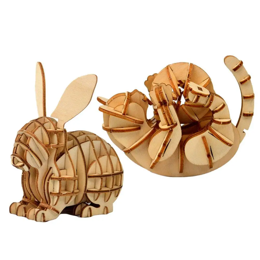 

3D Rabbit Cat Animal Model DIY Assembly Wooden Puzzles Development Kids Toy
