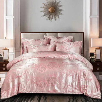 

2/3Pcs Pink Floral Luxury Silky Jacquard Bedding Set Home Bedroom Soft Duvet Cover Pillowcases Set Full Queen King Size Bed Sets