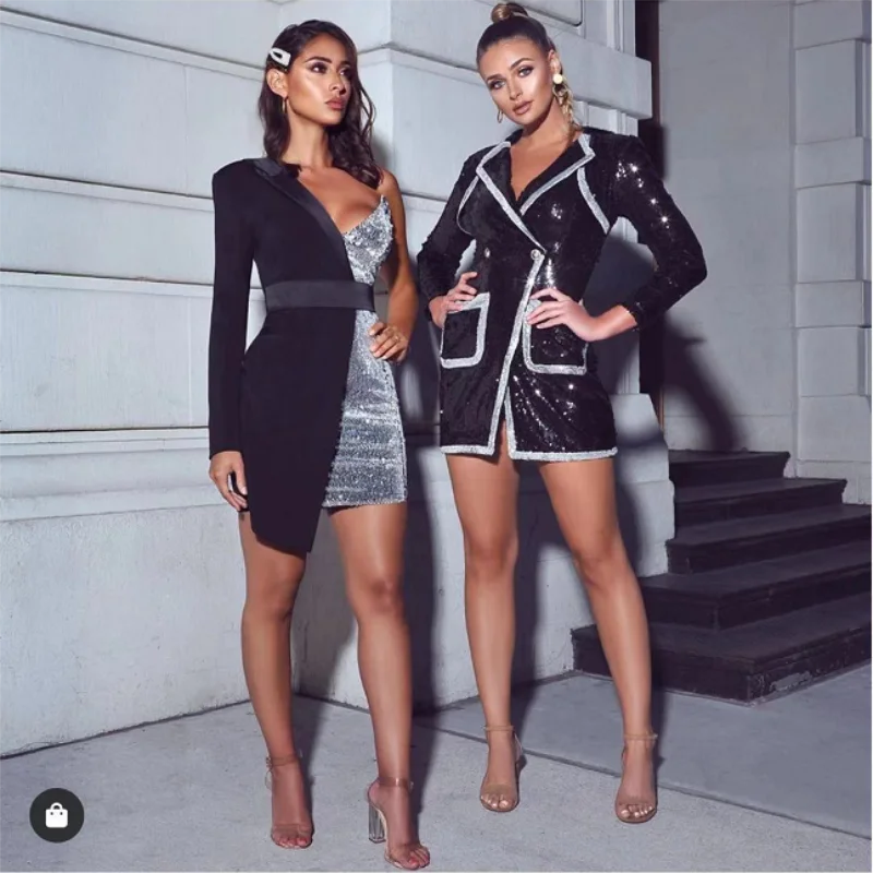 Europe and the United States summer new black sexy long sleeved shoulders waist was thin irregular mosaic sequins mini ban