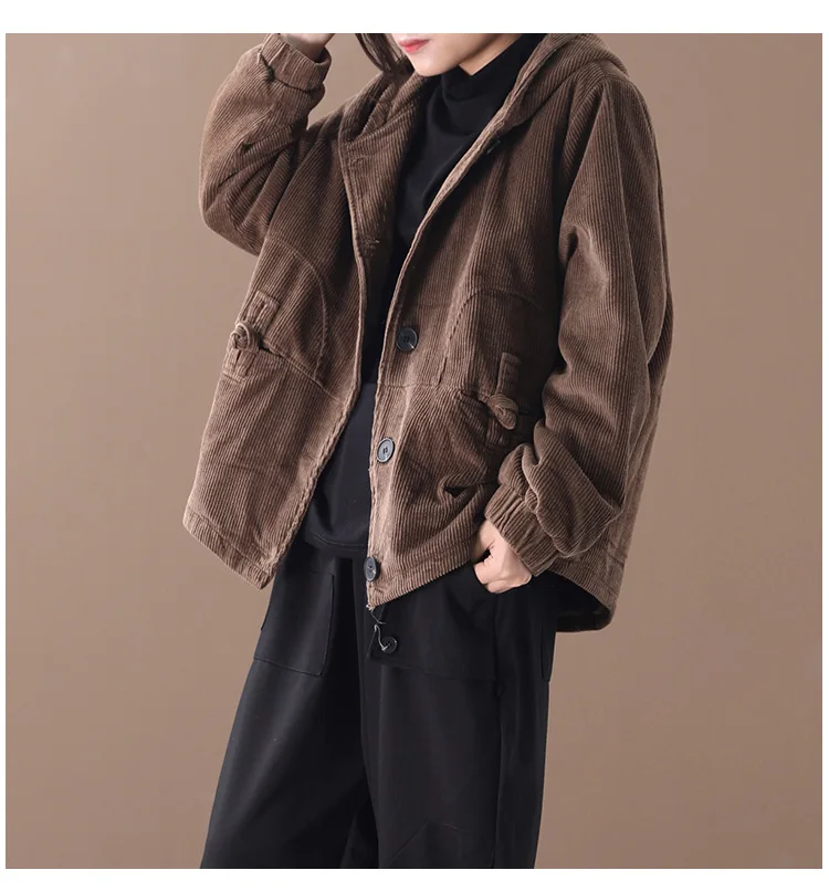 Вельветовая Женская куртка, Осень-зима, с капюшоном, однобортная, одноцветная, с карманами, свободная, Женское пальто YoYiKamomo