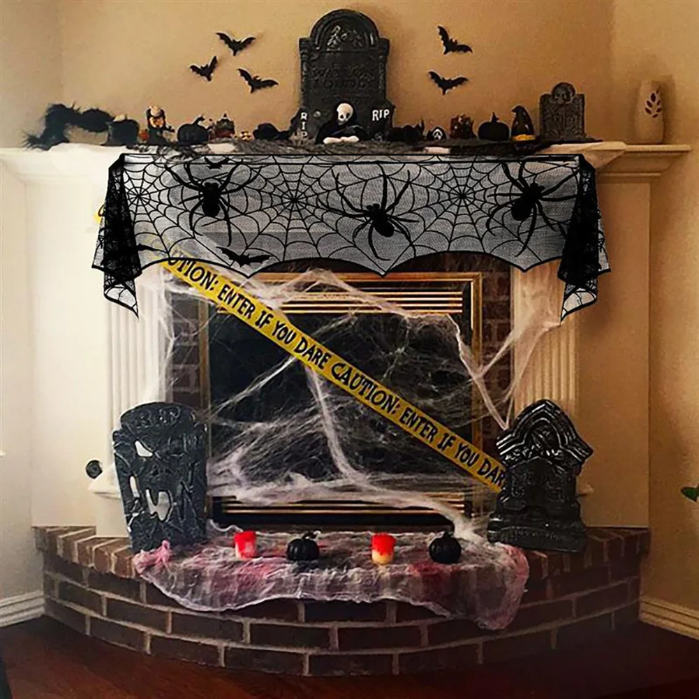 Хэллоуин черные кружевные спайдервеб вечерние принадлежности камин мантия шарф крышка 244 см скатерть для украшения Хэллоуина