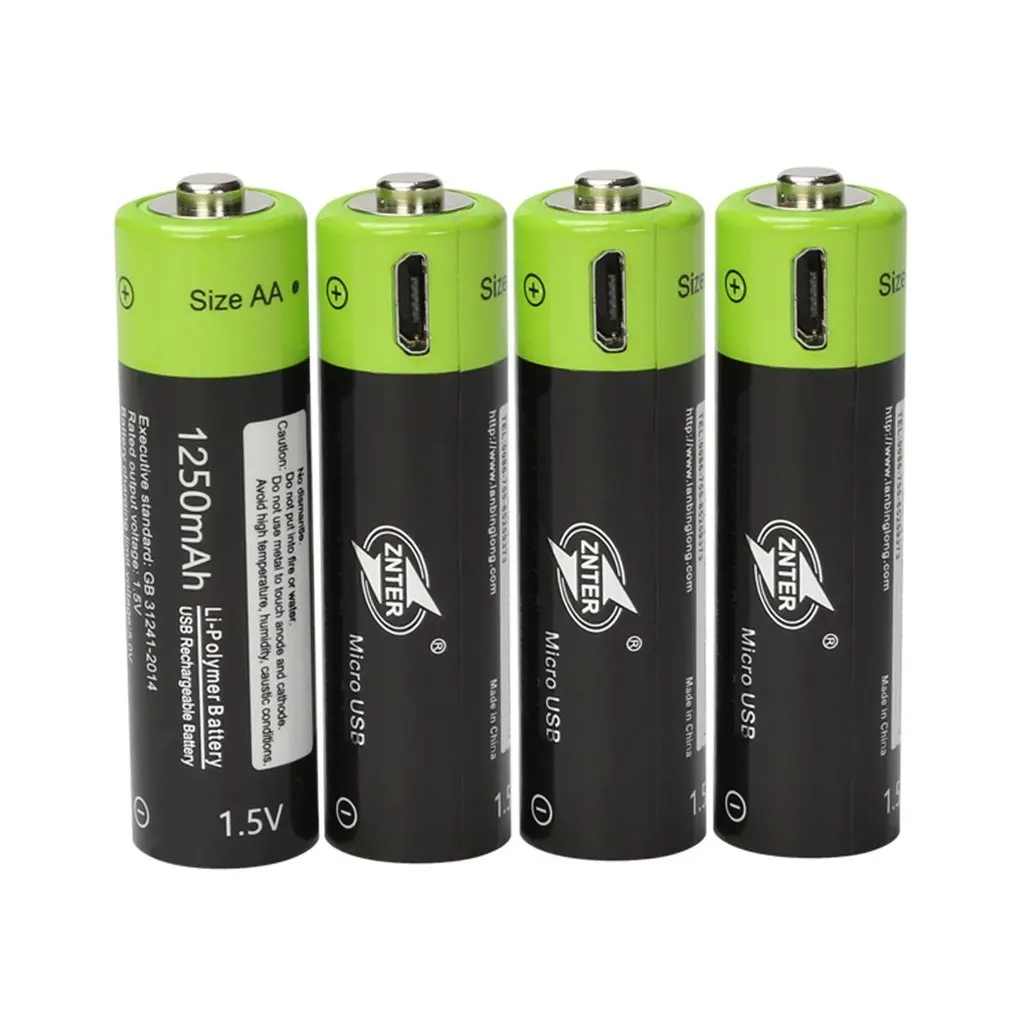 ZNTER AA 1,5 V 1250mAh аккумулятор 2/4 шт Универсальные Аккумуляторы USB перезаряжаемый литий-полимерный аккумулятор заряжается кабелем Micro USB