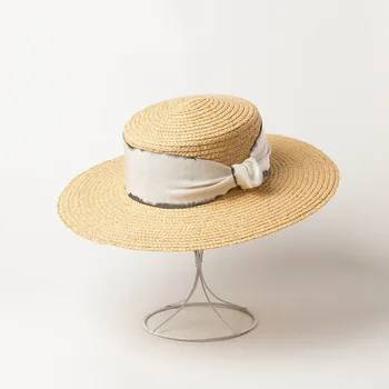 

Spring summer new flat-top wide-brimmed raffia straw hat with ink edge decoration with outdoor tourism shading raffia straw hat
