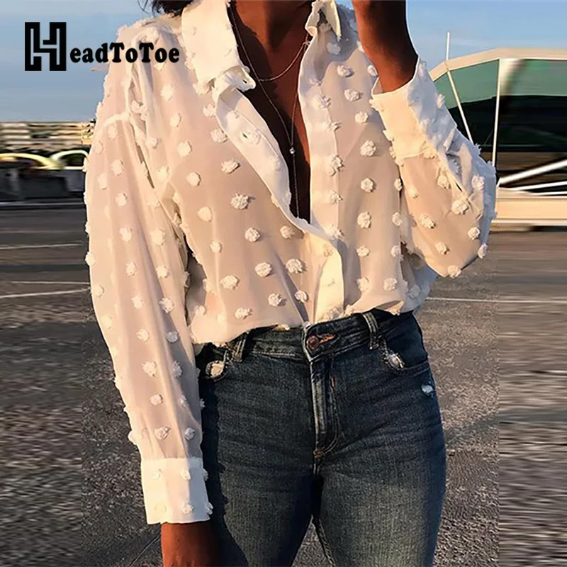 

Ladies Long Sleeve Swiss Dot Casual Shirt Workwear