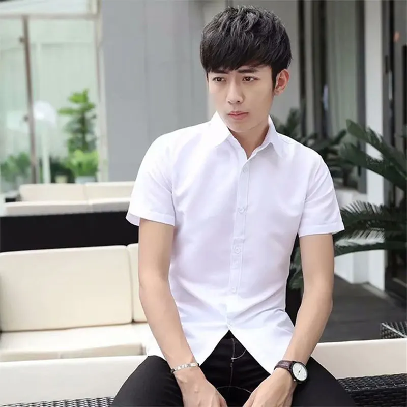 

Shirt Mens Short-Sleeved Casual Korean Slim Fit Fashion White Cardigan Joker Business Turndown Vintage Male Shirts New Jersey