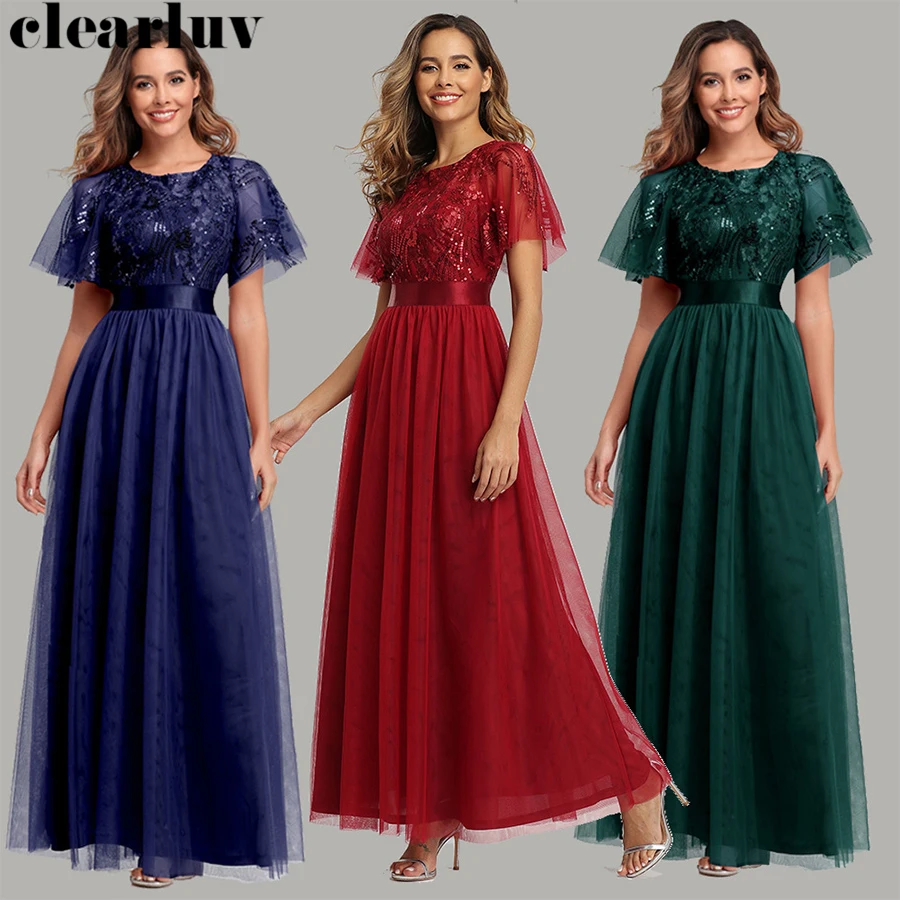 

Plus Size Evening Dress Short Sleeve Women Party Dress HQ005 2020 Long Sequins Elegant Formal Gown New Appliques Robe De Soiree
