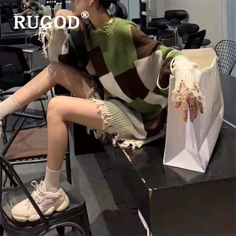 RUGOD, корейский винтажный клетчатый свитер, пуловеры для женщин, круглый вырез, пэчворк, кисточка, свободный, негабаритный, вязаный свитер, Модный женский