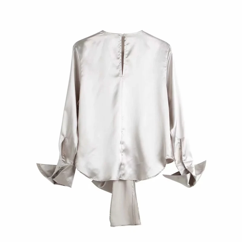 Однотонная женская сатиновая рубашка с украшением в виде банта, свободный халат, Весенняя женская блузка с длинным рукавом для отдыха, топы S6835