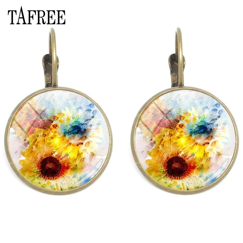 TAFREE, клипсы в виде подсолнуха, стеклянные драгоценные камни, художественное фото, ушные клипсы, античная бронза, покрытые вручную, серьги для женщин, модное ювелирное изделие, XR05