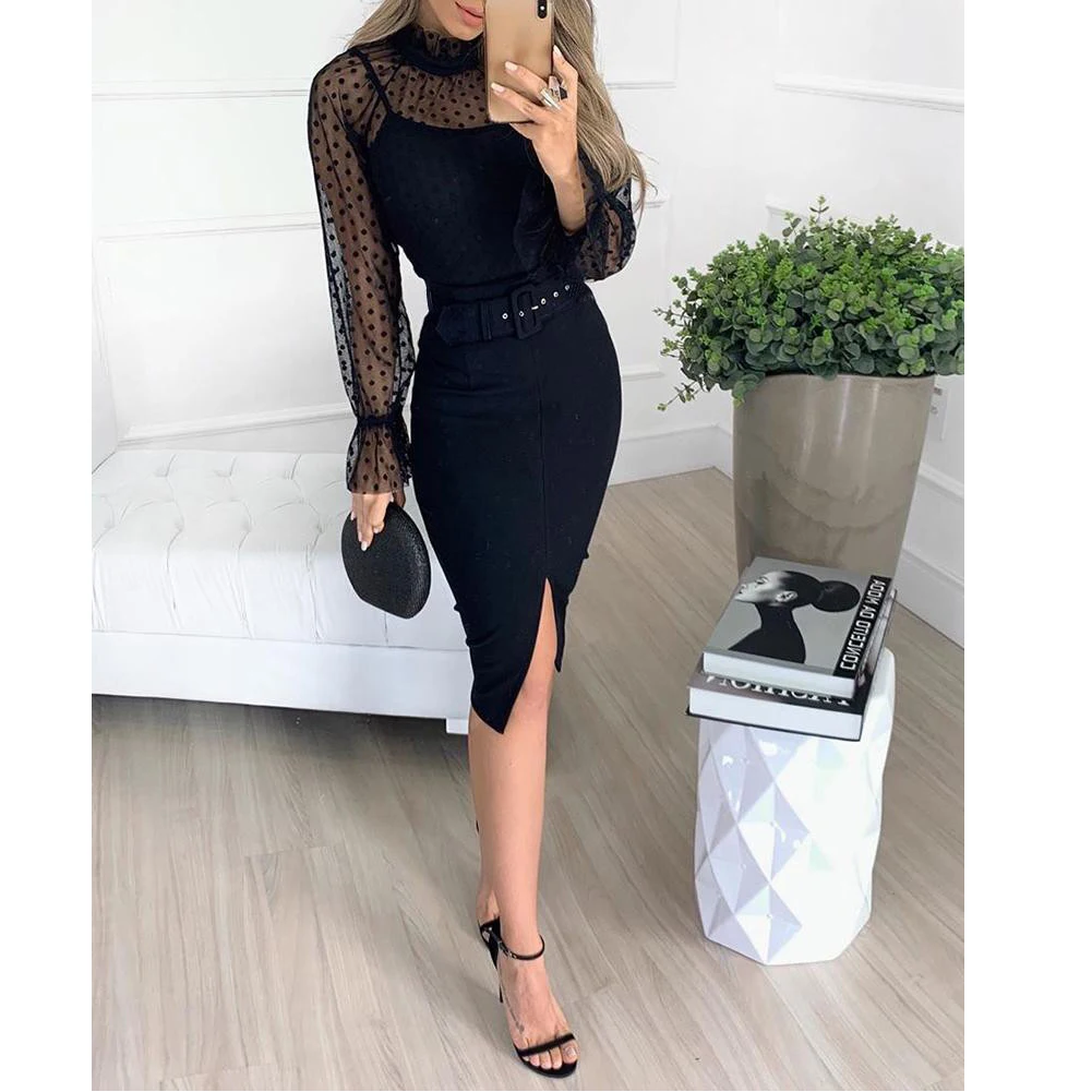 

Women Ladies Bandage Bodycon Dresses Dot Mesh Insert Bell Cuff Evening Party Club Mini Dress Vestidos Robe Femme
