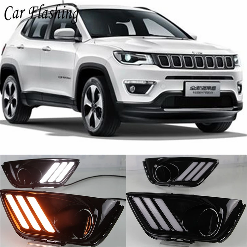 Автомобильный мигающий 2 шт. светодиодный DRL Дневной ходовой светильник для Jeep Compass Дневной светильник водонепроницаемый желтый сигнальный автомобильный Стайлинг