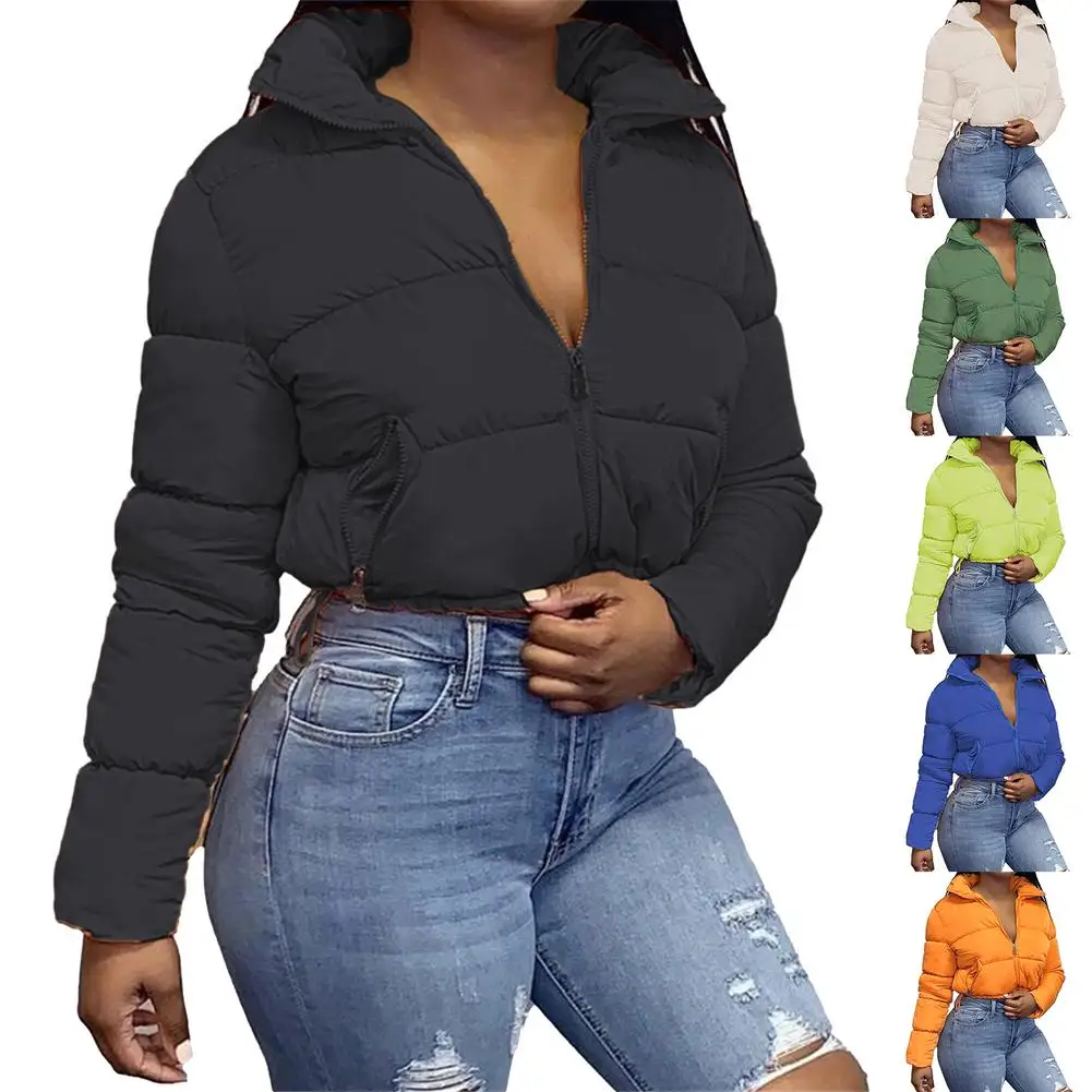 Women Winter Long Sleeve Zipper Puffer Jacket Stand Collar Warm Parka Fashion Short Outwear Thick Down Bubble Coats 1