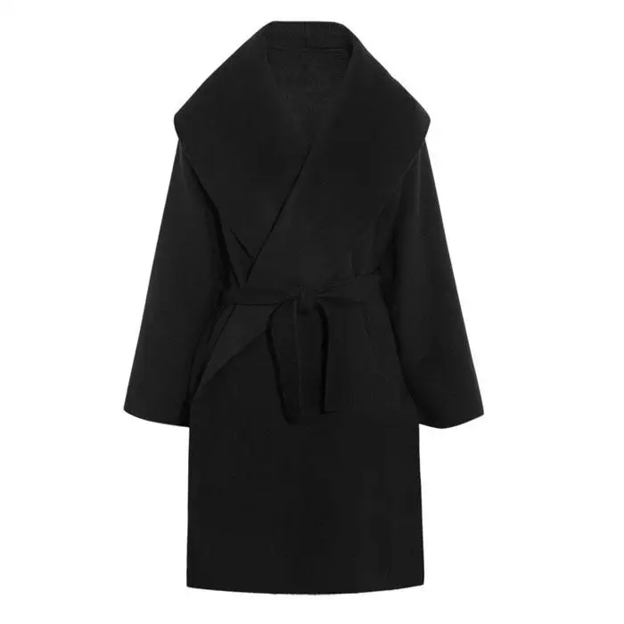 L-5XL, осенне-зимние женские пальто размера плюс, шерстяные пальто, офисные Длинные куртки на шнуровке большого размера, верхняя одежда, черные топы, кардиганы - Цвет: Black