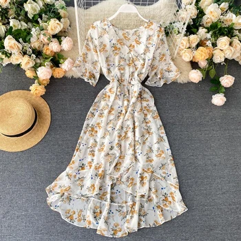 

Boho 2020 V Neck Floral Print Summer Dress Elegant Chiffon Party Irregular Ruffle Dress Women Casual Beach Holiday Dresses