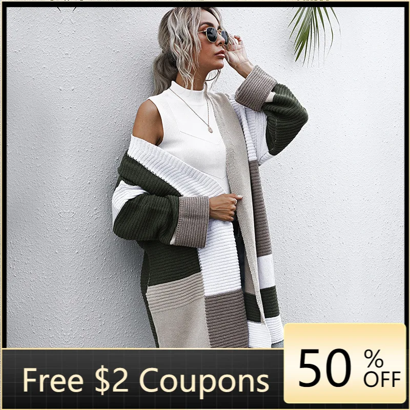 

Color Block Long Cardigans for Women 2020 Fall Loose Large Size Knitted Sweater Jacket Autumn Winter Ladies Casual Warm Clothing