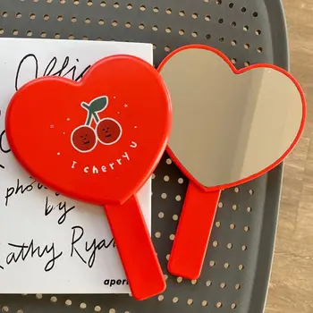 

Lovely Vintage Heart-Shaped Red Handheld Mirror Cartoon Cherry Printed Compact Travel Cosmetic Makeup Tool with Handle