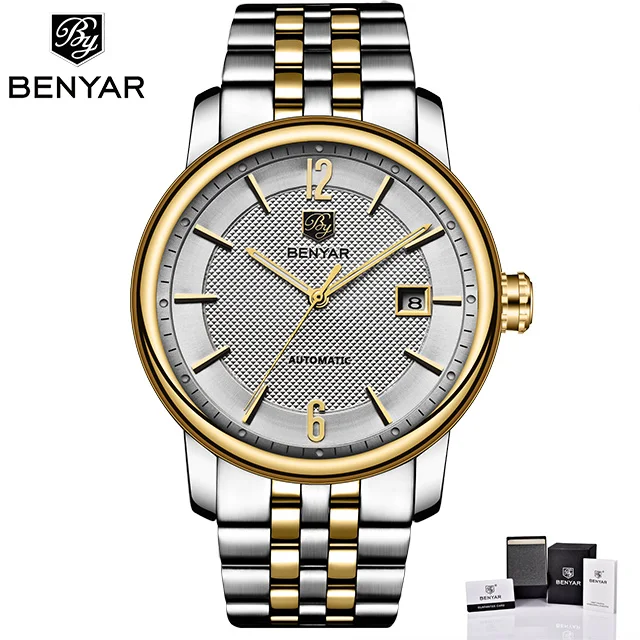 BENYAR механические мужские часы Топ люксовый бренд наручные мужские модные спортивные часы мужские стальные водонепроницаемые часы Relogio Masculino - Цвет: S-golden white
