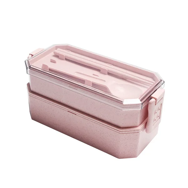 Пшеничная солома Коробки для обедов квадратный 2 слоя Еда микроволновая печь бенто ланч бокс Коробки для обедов для школы и офиса с сумка с отделениями - Цвет: Pink