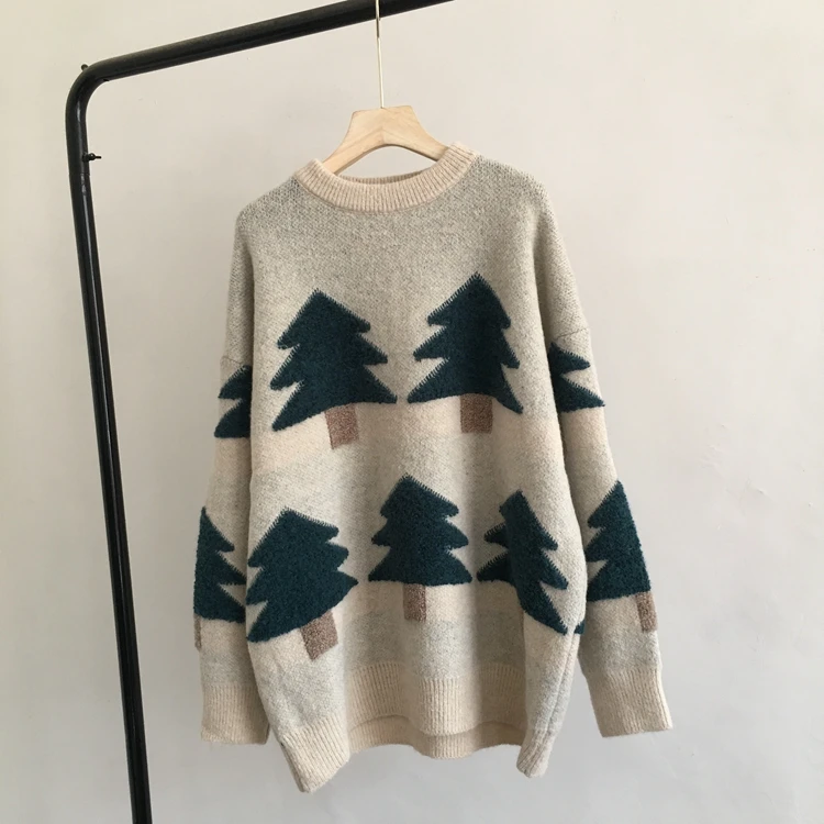 HF19531 Beige H. SA осенние и зимние женские красные свитера, Рождественские Елочные Пуловеры и свитера, шикарные зимние теплые жаккардовые вязаные свободные топы - Цвет: HF19531 Beige