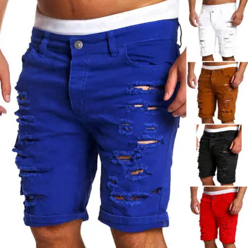 Men's Fashion Hollow Out Destroyed Ripped Denim Shorts Casual Solid Washed Denim Trousers Men