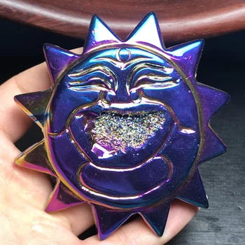 

Unique!!Natural agate carving sun plating metal color healing home furnishing