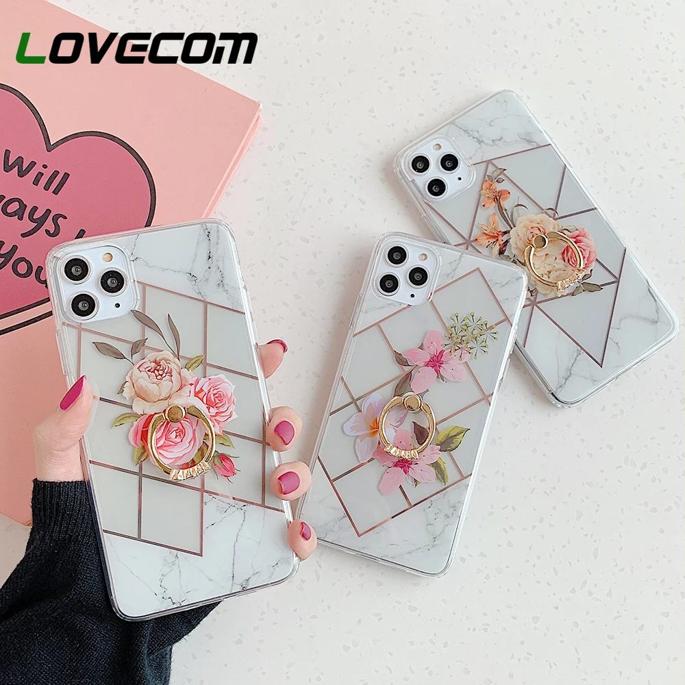 Retro Rose Floral Ring Stand Phone Case For iPhone 11 Pro Max XR X XS 7 8 Plus Soft IMD Plated Line Back Cover | Мобильные телефоны
