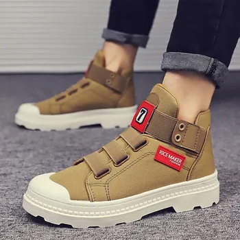 

Men autumn winter canvas sneakers Western Oxfords Boots Outdoor high top rubber sole shoe England Retro Shoes red ankle botas