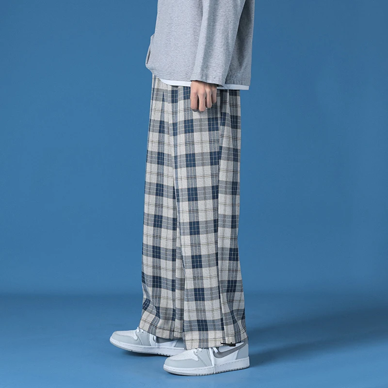 Men New Polyester Loose Japan Harajuku style Grid Wide Pants Men Casual Drawstring Elastic Leg opening Ankle Length Pants
