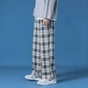 Men New  Polyester Loose Japan Harajuku style Grid Wide Pants Men Casual Drawstring Elastic Leg opening Ankle Length Pants Men 2