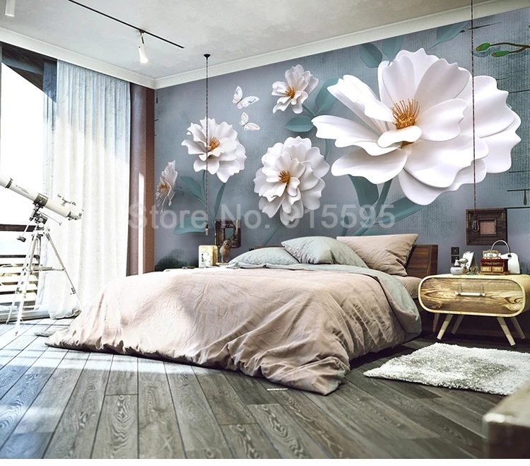 Custom Self adhesive Wallpaper Waterproof 3D White Floral Flower Petals Wall Murals Modern Living Room Bedroom Background Decor