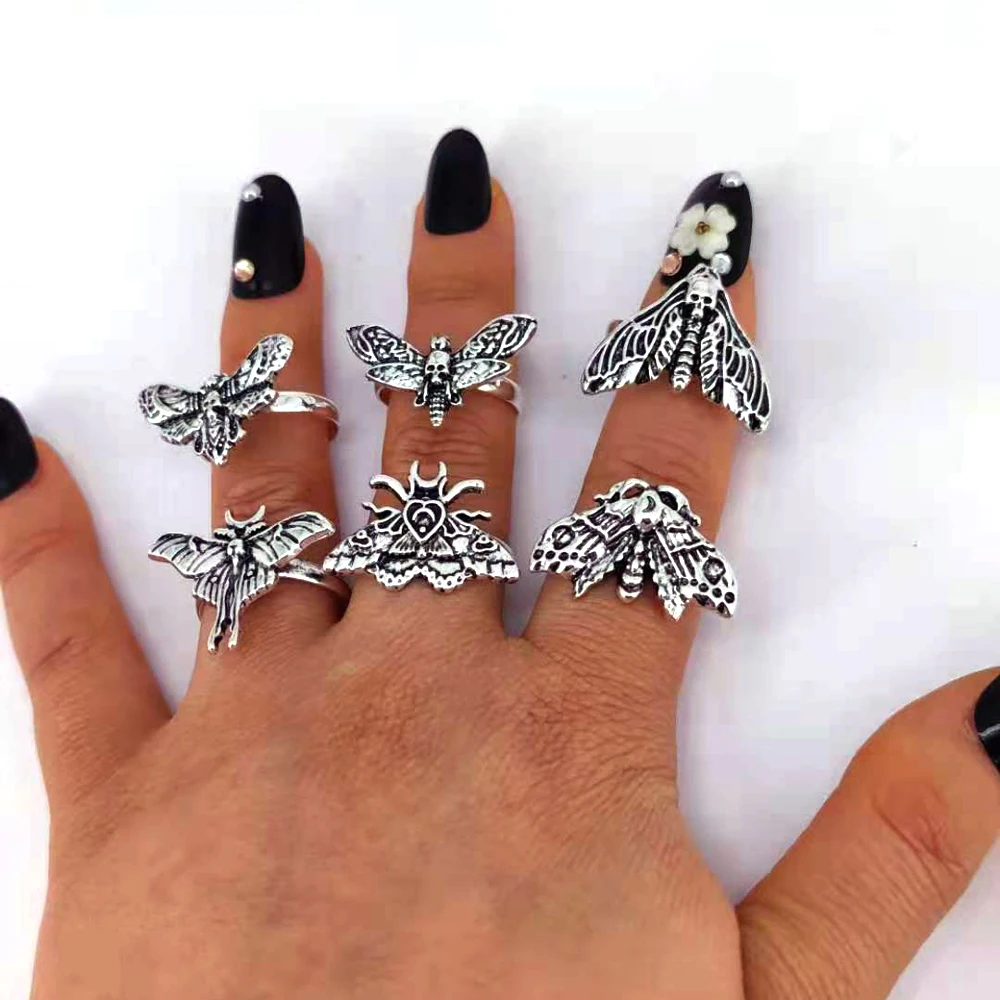 hzew 5pcs Resizable Death Head Skull Butterfly Moth Ring Creativity Gift For Women Men 3