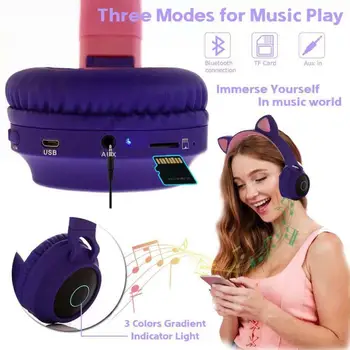 

Cute Cat Bluetooth 5.0 Headset Wireless Hifi Music Stereo Bass Headphones LED Light Mobile Phones Girl Daughter Headset For PC