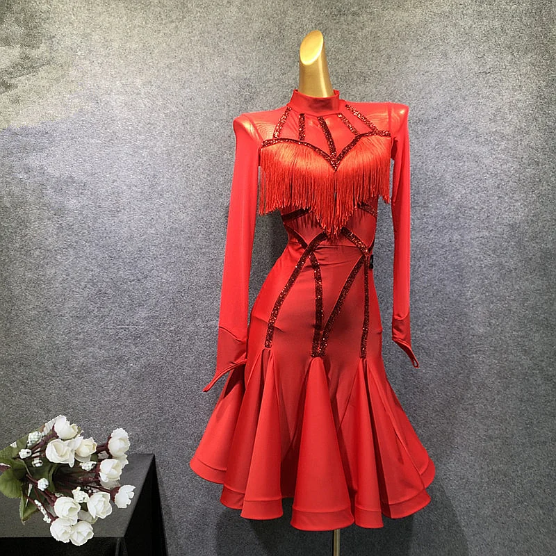 Женское платье для латинских танцев, Vestido Flecos, с кисточками, Фламенго, Румба/Танго/Сальса, конкурентное черное, красное, латинское платье, новинка
