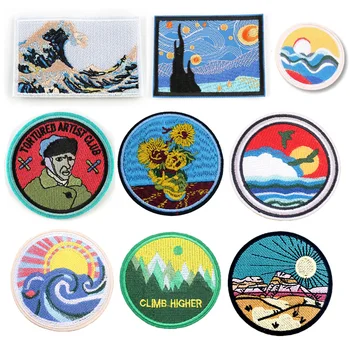 

Vintage Van Gogh Sky Patch Wave Embroidered Patches for Clothing DIY Sticker Iron on Patch on Clothes Jacket Mountain Badge