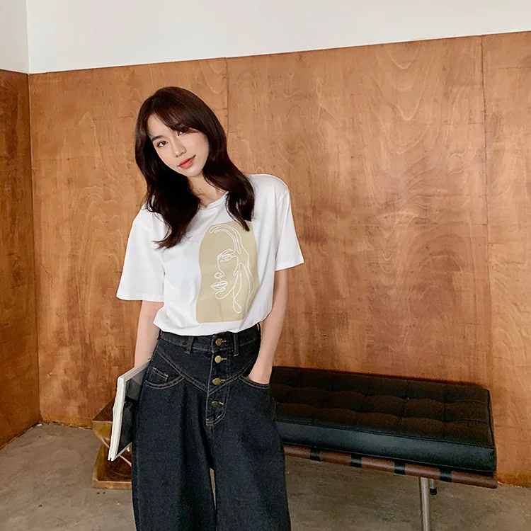 Abstract Print T-shirt Female Short Sleeve 2020 Summer New O-Neck Korean Women's Casual Tops Tees Harajuku