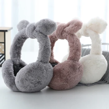 

Thicken Students Ear Muffs Winter Cute Rabbit Ears Plush Earmuffs Women Pure Color Ear Warm Folding Bow Ear Cover Ladies
